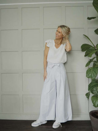 Tilly Trousers with Tailored Pockets, Pleated Detail, Back Zip Fastening - Blue/White Stripe, Camel, Sky Blue