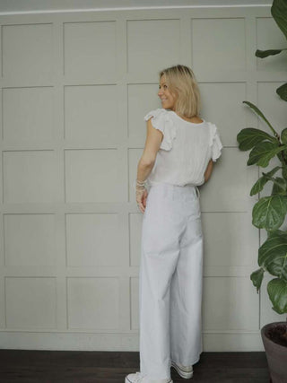 Tilly Trousers with Tailored Pockets, Pleated Detail, Back Zip Fastening - Blue/White Stripe, Camel, Sky Blue