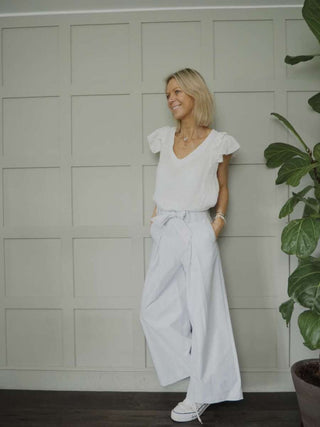 Tilly Trousers with Tailored Pockets, Pleated Detail, Back Zip Fastening - Blue/White Stripe, Camel, Sky Blue