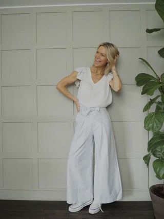 Tilly Trousers with Tailored Pockets, Pleated Detail, Back Zip Fastening - Blue/White Stripe, Camel, Sky Blue