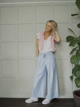 Tilly Trousers with Tailored Pockets, Pleated Detail, Back Zip Fastening - Blue/White Stripe, Camel, Sky Blue