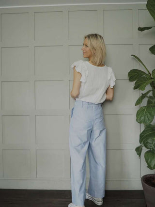 Tilly Trousers with Tailored Pockets, Pleated Detail, Back Zip Fastening - Blue/White Stripe, Camel, Sky Blue