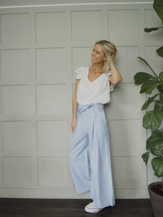 Tilly Trousers with Tailored Pockets, Pleated Detail, Back Zip Fastening - Blue/White Stripe, Camel, Sky Blue