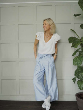 Tilly Trousers with Tailored Pockets, Pleated Detail, Back Zip Fastening - Blue/White Stripe, Camel, Sky Blue