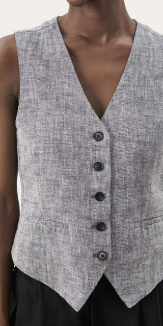 Nadhia Linen Mix Waistcoat by Part Two - Dark Navy Blue, Oatmeal