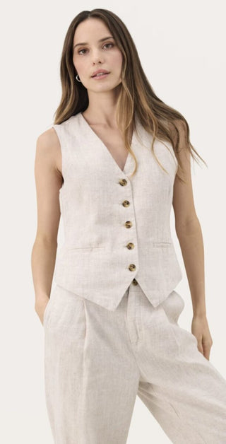 Nadhia Linen Mix Waistcoat by Part Two - Dark Navy Blue, Oatmeal