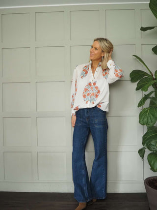 Cai Off White Long Sleeve Blouse - Blue, Rusty Red