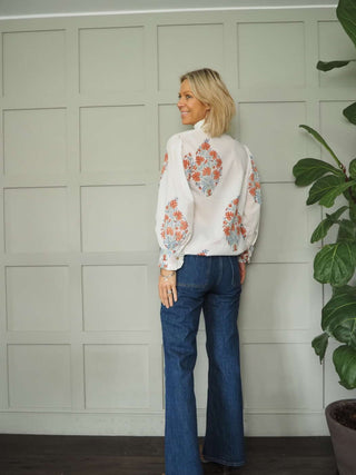 Cai Off White Long Sleeve Blouse - Blue, Rusty Red