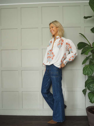 Cai Off White Long Sleeve Blouse - Blue, Rusty Red