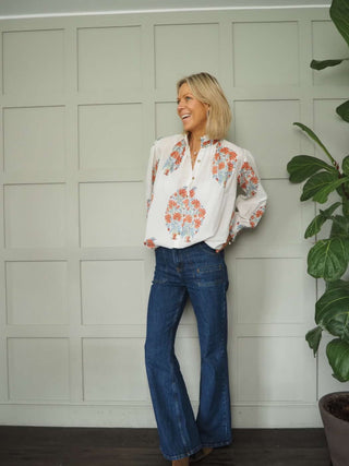 Cai Off White Long Sleeve Blouse - Blue, Rusty Red