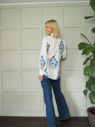 Cai Off White Long Sleeve Blouse - Blue, Rusty Red