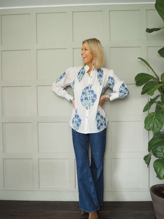 Cai Off White Long Sleeve Blouse - Blue, Rusty Red