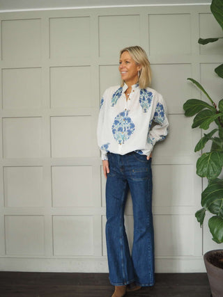 Cai Off White Long Sleeve Blouse - Blue, Rusty Red