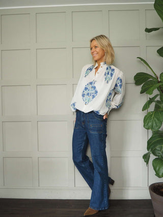 Cai Off White Long Sleeve Blouse - Blue, Rusty Red