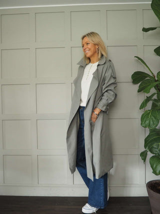 Ellie Oversized Trench Coat - Lined, with Funky Oversized Collar &amp; Lapels - Khaki and Stone