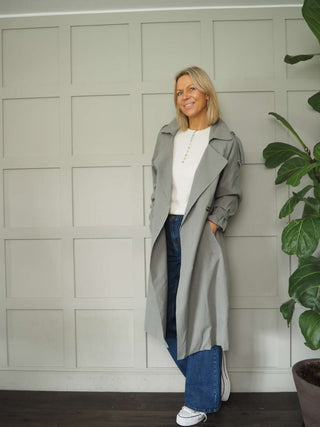 Ellie Oversized Trench Coat - Lined, with Funky Oversized Collar &amp; Lapels - Khaki and Stone
