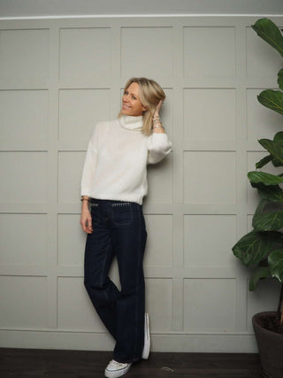 Terri Polo Neck with Cropped Sleeves, Ribbing on Neck &amp; Cuffs - Chocolate, Denim Blue, Ecru and Navy Blue