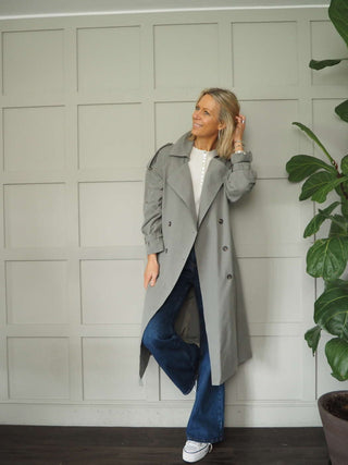 Ellie Oversized Trench Coat - Lined, with Funky Oversized Collar &amp; Lapels - Khaki and Stone