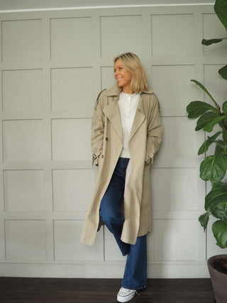Ellie Oversized Trench Coat - Lined, with Funky Oversized Collar &amp; Lapels - Khaki and Stone