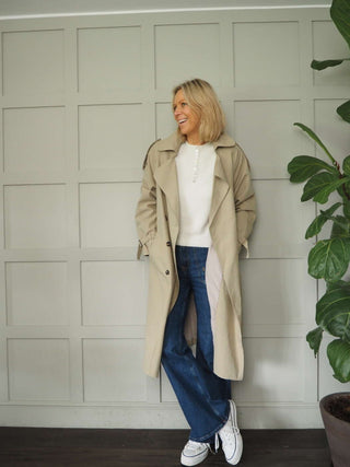 Ellie Oversized Trench Coat - Lined, with Funky Oversized Collar &amp; Lapels - Khaki and Stone