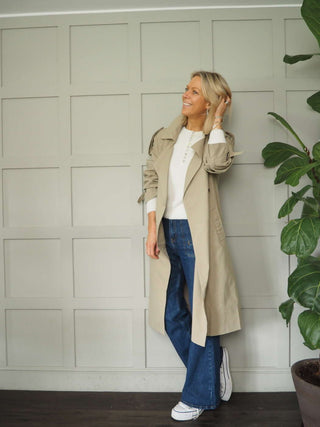 Ellie Oversized Trench Coat - Lined, with Funky Oversized Collar &amp; Lapels - Khaki and Stone
