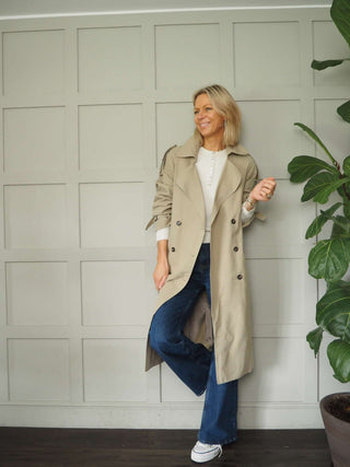 Ellie Oversized Trench Coat - Lined, with Funky Oversized Collar &amp; Lapels - Khaki and Stone
