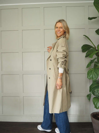 Ellie Oversized Trench Coat - Lined, with Funky Oversized Collar &amp; Lapels - Khaki and Stone