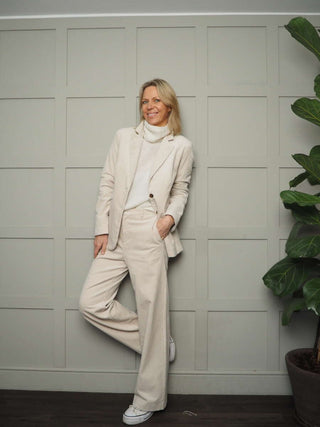 Terri Polo Neck with Cropped Sleeves, Ribbing on Neck &amp; Cuffs - Chocolate, Denim Blue, Ecru and Navy Blue