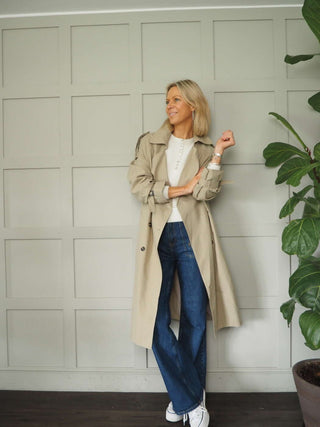 Ellie Oversized Trench Coat - Lined, with Funky Oversized Collar &amp; Lapels - Khaki and Stone