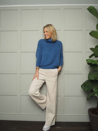 Terri Polo Neck with Cropped Sleeves, Ribbing on Neck &amp; Cuffs - Chocolate, Denim Blue, Ecru and Navy Blue