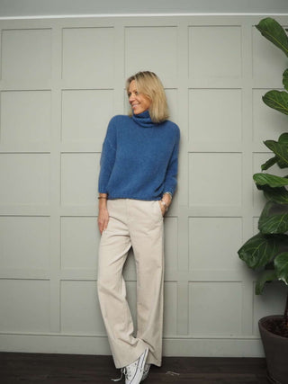 Terri Polo Neck with Cropped Sleeves, Ribbing on Neck &amp; Cuffs - Chocolate, Denim Blue, Ecru and Navy Blue