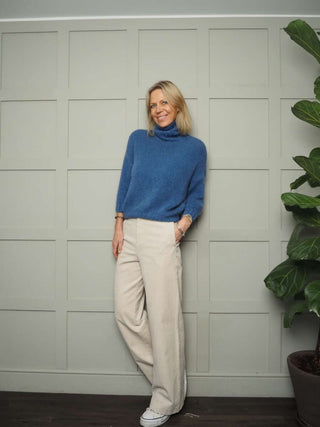 Terri Polo Neck with Cropped Sleeves, Ribbing on Neck &amp; Cuffs - Chocolate, Denim Blue, Ecru and Navy Blue