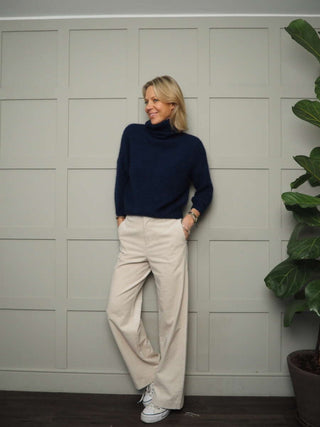 Terri Polo Neck with Cropped Sleeves, Ribbing on Neck &amp; Cuffs - Chocolate, Denim Blue, Ecru and Navy Blue