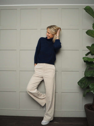 Terri Polo Neck with Cropped Sleeves, Ribbing on Neck &amp; Cuffs - Chocolate, Denim Blue, Ecru and Navy Blue