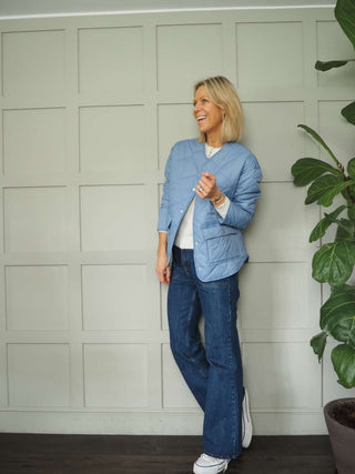 Minda Short Jacket with Subtle Quilting, Lined, Round Collar and Front Fastening - Baby Blue and Ecru