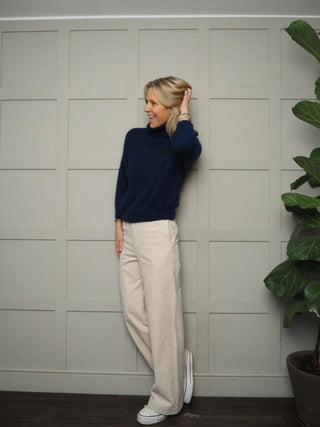 Terri Polo Neck with Cropped Sleeves, Ribbing on Neck &amp; Cuffs - Chocolate, Denim Blue, Ecru and Navy Blue