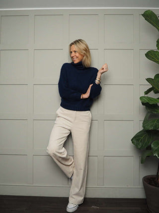 Terri Polo Neck with Cropped Sleeves, Ribbing on Neck &amp; Cuffs - Chocolate, Denim Blue, Ecru and Navy Blue