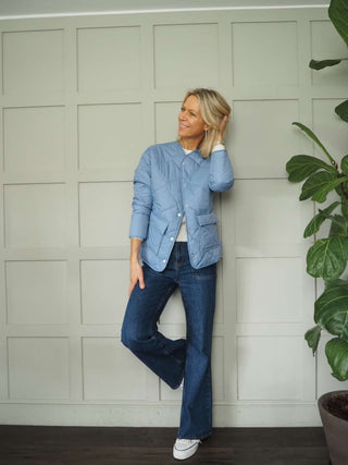 Minda Short Jacket with Subtle Quilting, Lined, Round Collar and Front Fastening - Baby Blue and Ecru