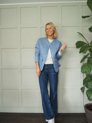 Minda Short Jacket with Subtle Quilting, Lined, Round Collar and Front Fastening - Baby Blue and Ecru