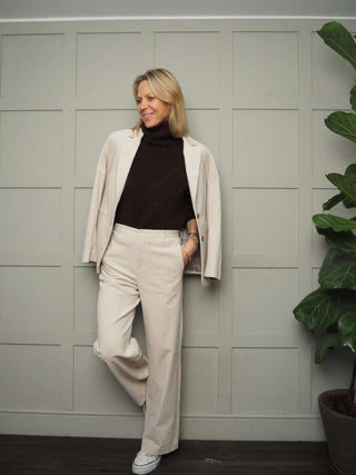 Terri Polo Neck with Cropped Sleeves, Ribbing on Neck &amp; Cuffs - Chocolate, Denim Blue, Ecru and Navy Blue