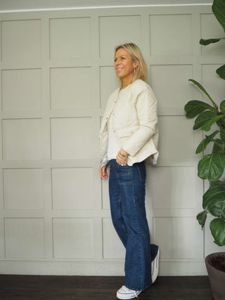 Minda Short Jacket with Subtle Quilting, Lined, Round Collar and Front Fastening - Baby Blue and Ecru