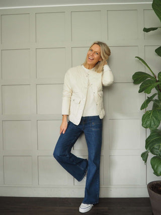 Minda Short Jacket with Subtle Quilting, Lined, Round Collar and Front Fastening - Baby Blue and Ecru