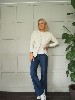 Minda Short Jacket with Subtle Quilting, Lined, Round Collar and Front Fastening - Baby Blue and Ecru