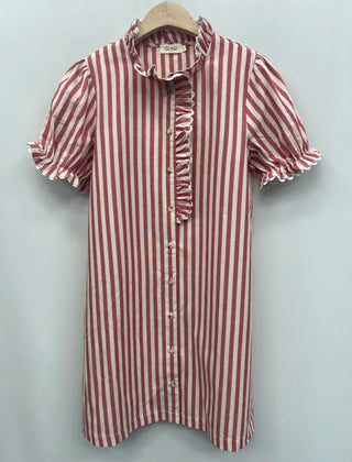Charlie Striped Shirt Dress with Ruffle Collar - Blue, Red