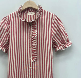Charlie Striped Shirt Dress with Ruffle Collar - Blue, Red