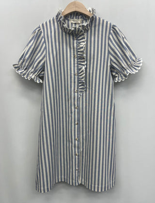 Charlie Striped Shirt Dress with Ruffle Collar - Blue, Red