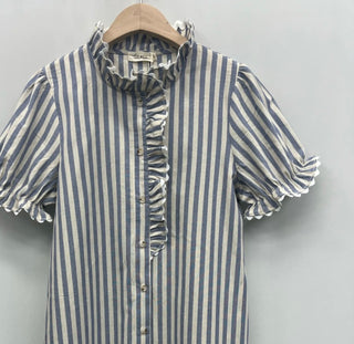 Charlie Striped Shirt Dress with Ruffle Collar - Blue, Red