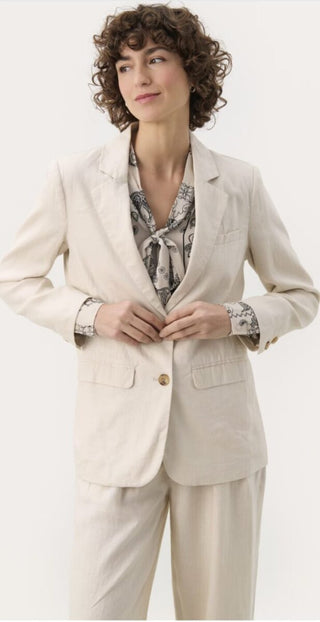 Kinga Single-Breasted, Linen Blazer with Faux Pockets by Part Two - Navy Blue, Oatmeal, Pale Pink, Raspberry, Sage Green