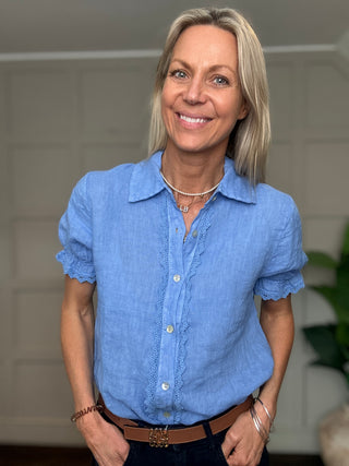 Fearne Linen Blouse with SHORT Sleeves - Cornflower Blue, Navy Blue, Stone, White