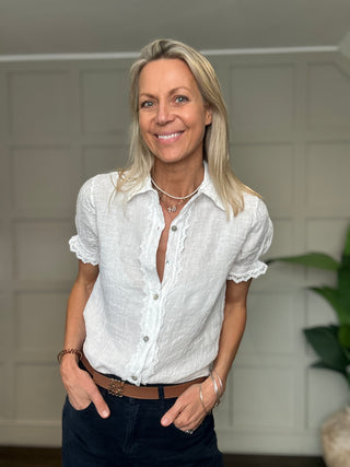 Fearne Linen Blouse with SHORT Sleeves - Cornflower Blue, Navy Blue, Stone, White
